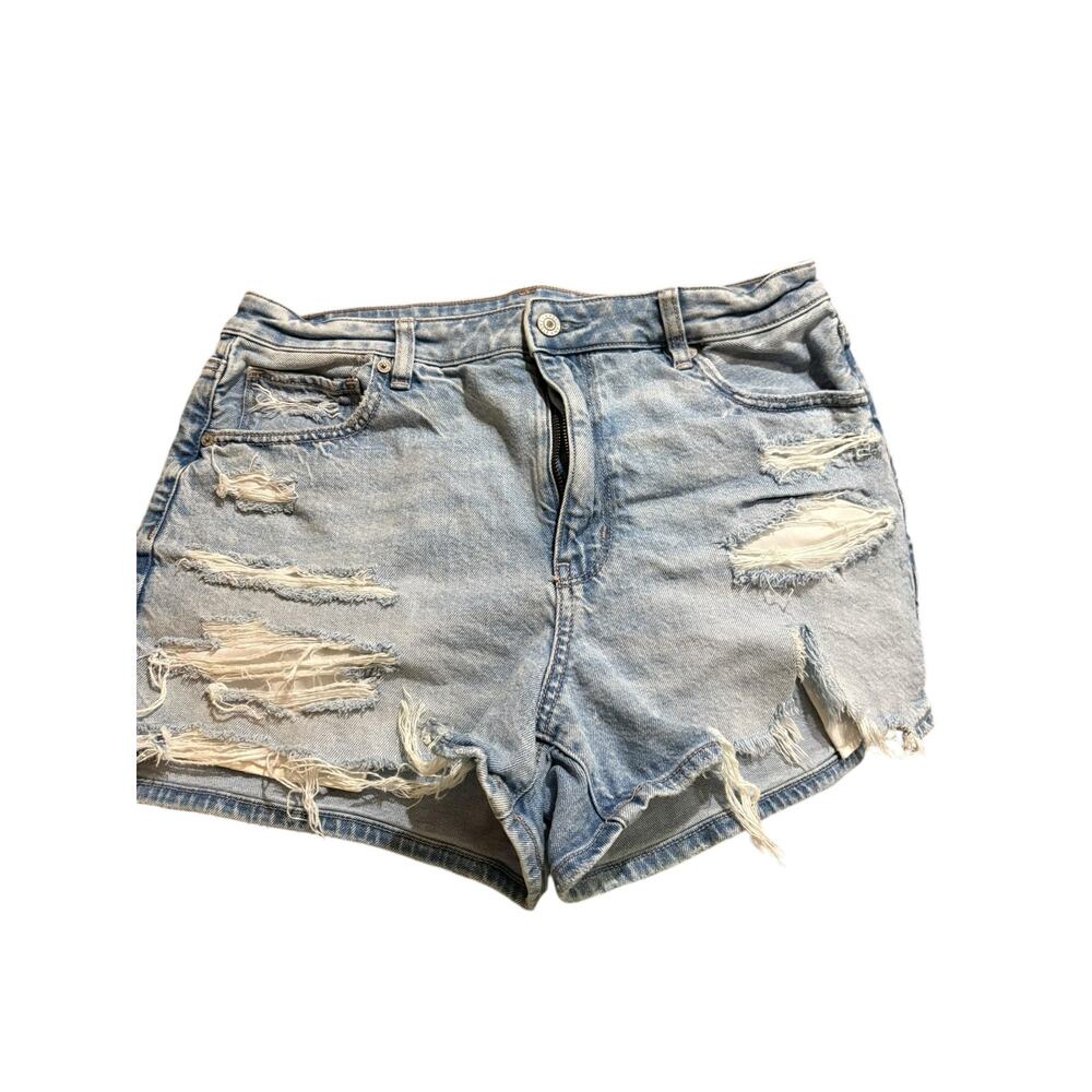American Eagle Blue Denim Distressed Raw Hem Mom Shorts sz 12